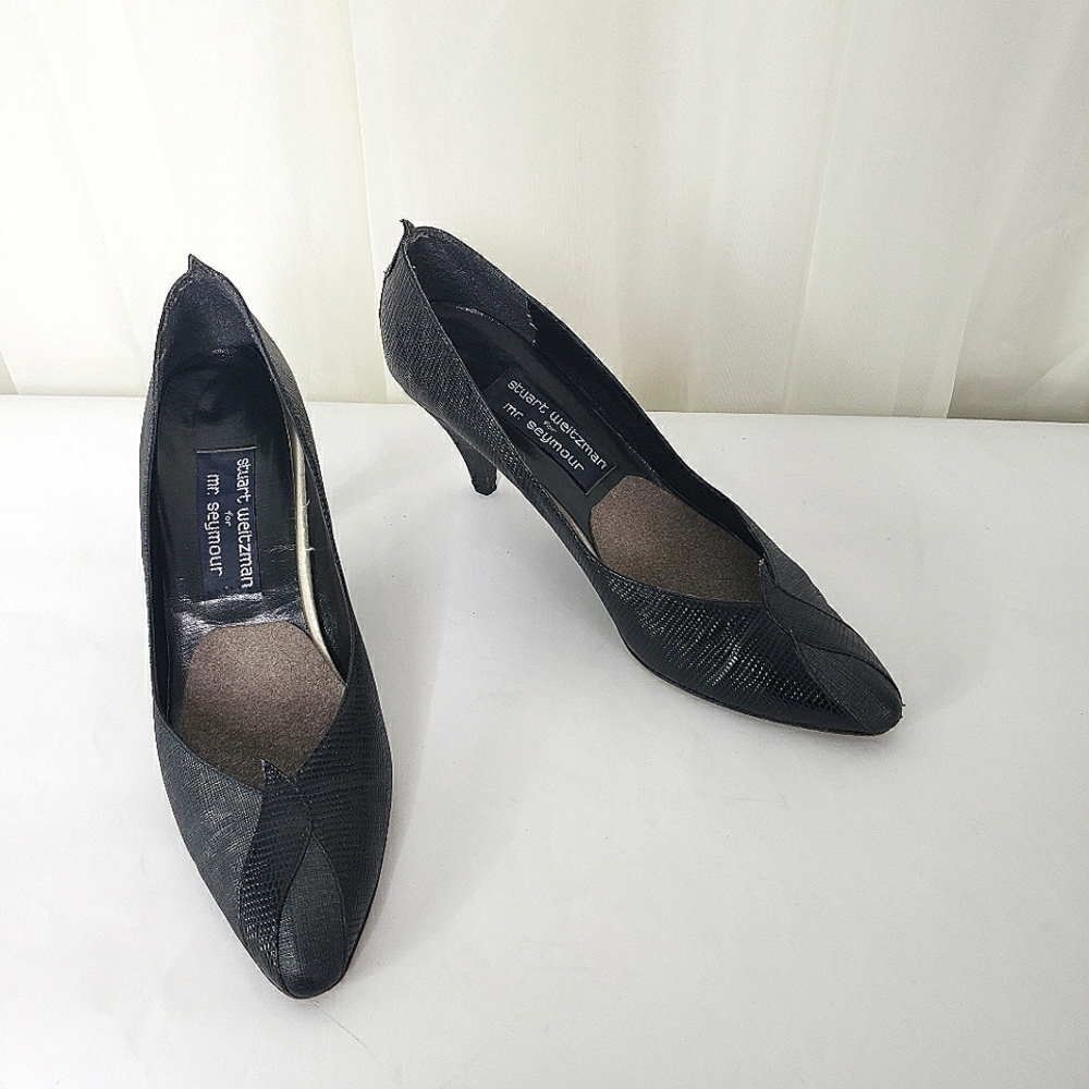 Vintage Stuart Weitzman Mr. Seymour black gray colorblock unique heel pump 9